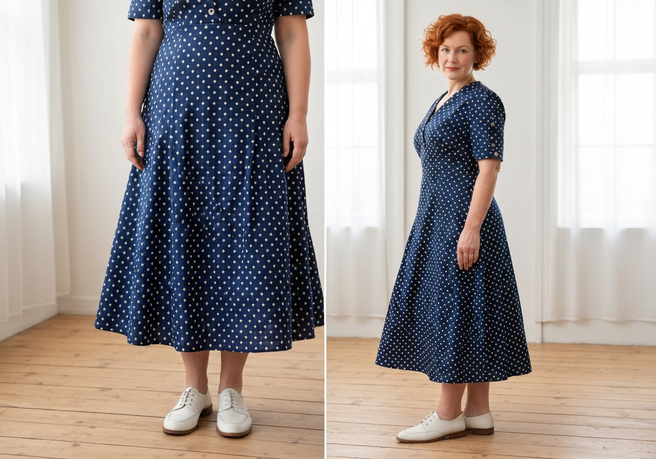 Kobieta w granatowej sukience w grochy na drewnianej podłodze w białych skórzanych butach na niskim obcasie