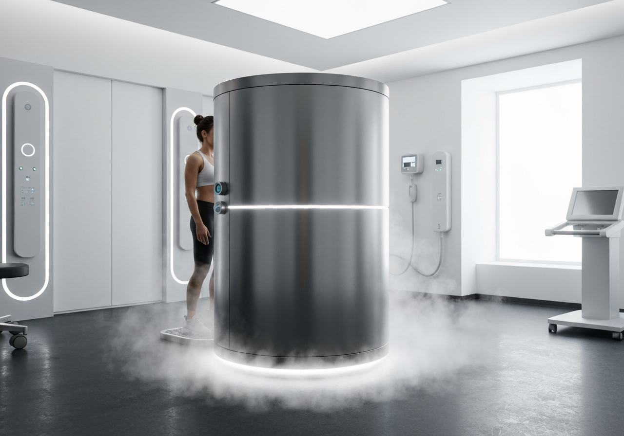 Nowoczesna kriokomora w klinicznym wnętrzu z osobą przygotowującą się do terapii chłodzem.