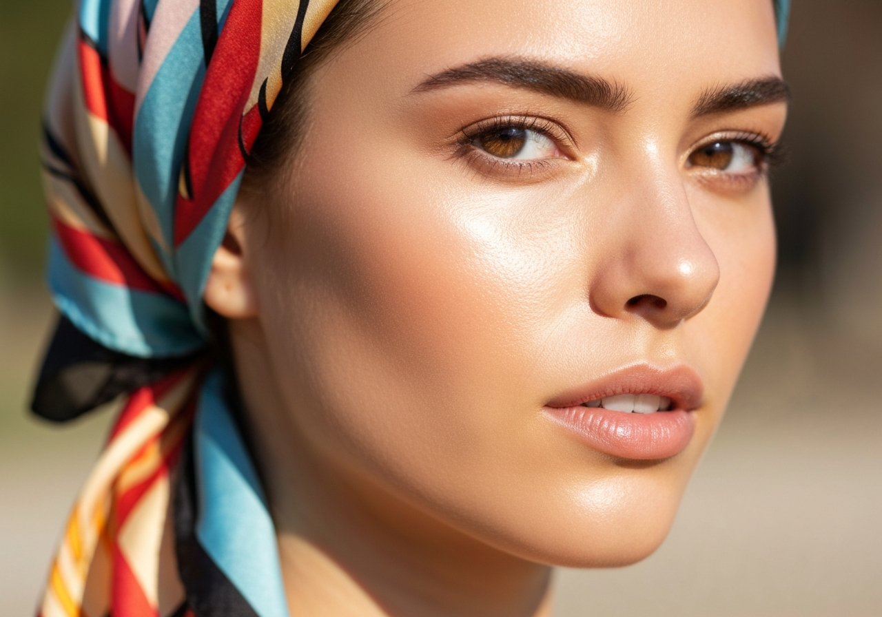 Młoda kobieta w kolorowej jedwabnej chustce, z naturalnym makijażem, na rozmytym tle.