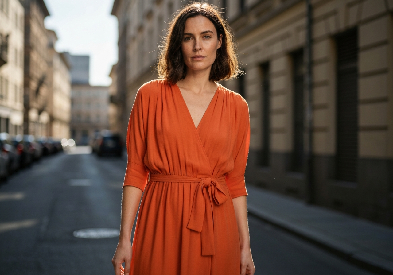 Kobieta w pomarańczowej sukience stoi na oświetlonej słońcem ulicy w mieście podczas złotej godziny.