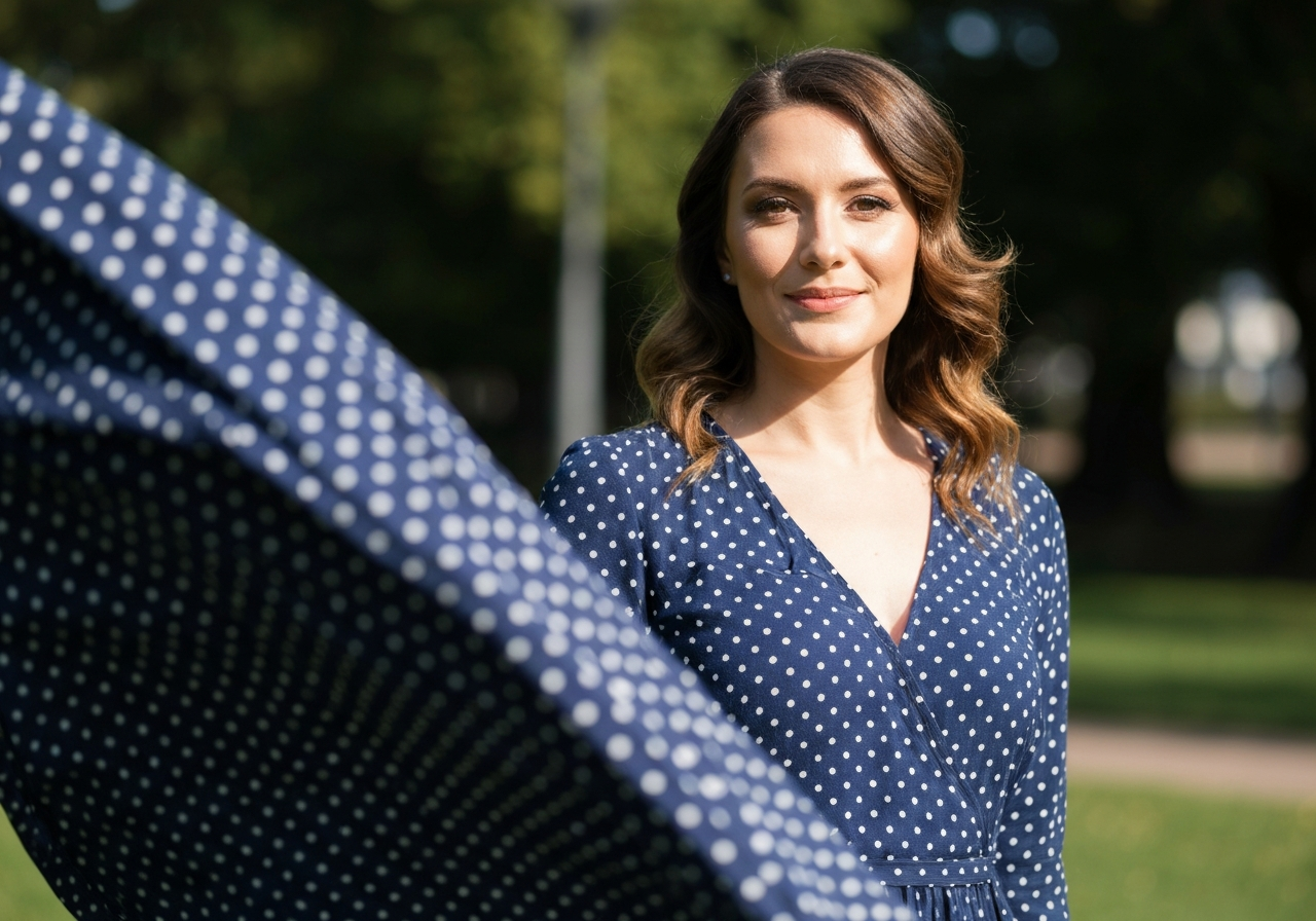 Kobieta w granatowej sukience w białe kropki stoi na tle parku, uśmiechnięta, w naturalnym świetle