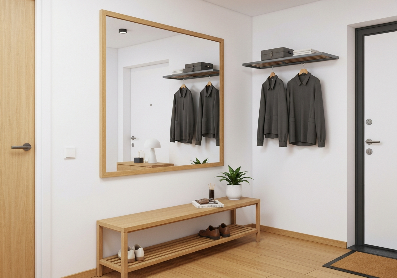 Nowoczesne wejście do małego mieszkania z lustrem, ławką, wieszakiem i konsolą na drewnianej podłodze