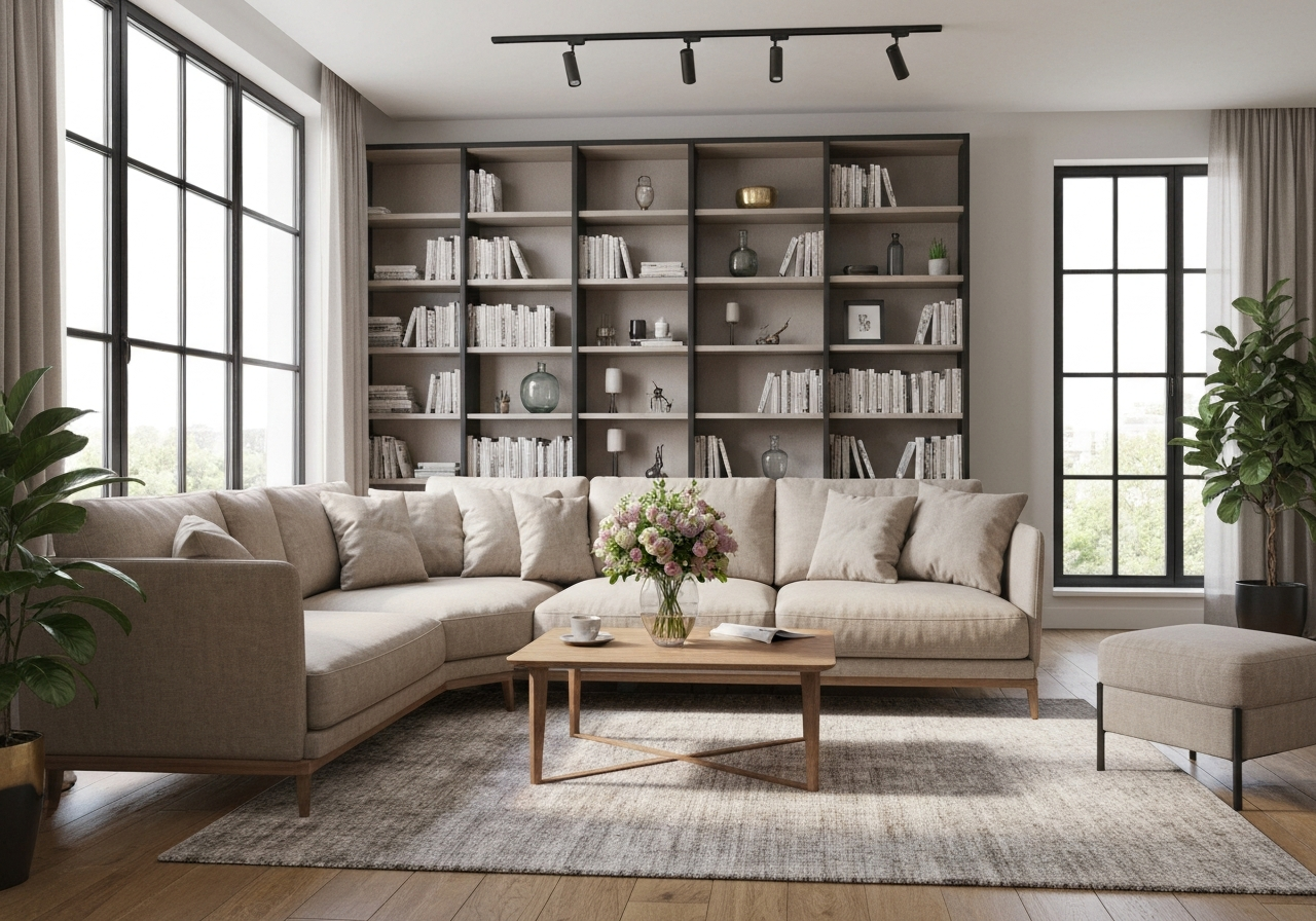 nowoczesny salon z beżową sofą, drewnianym stolikiem, zielonymi roślinami i naturalnym światłem przez duże okna